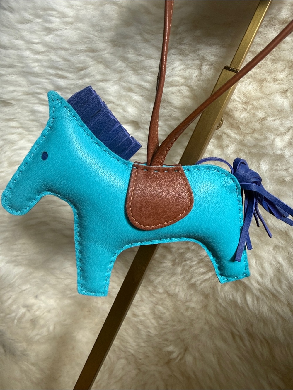 Hermes Turquoise Leather Horse Bag Charm with Brown Saddle and Blue Mane